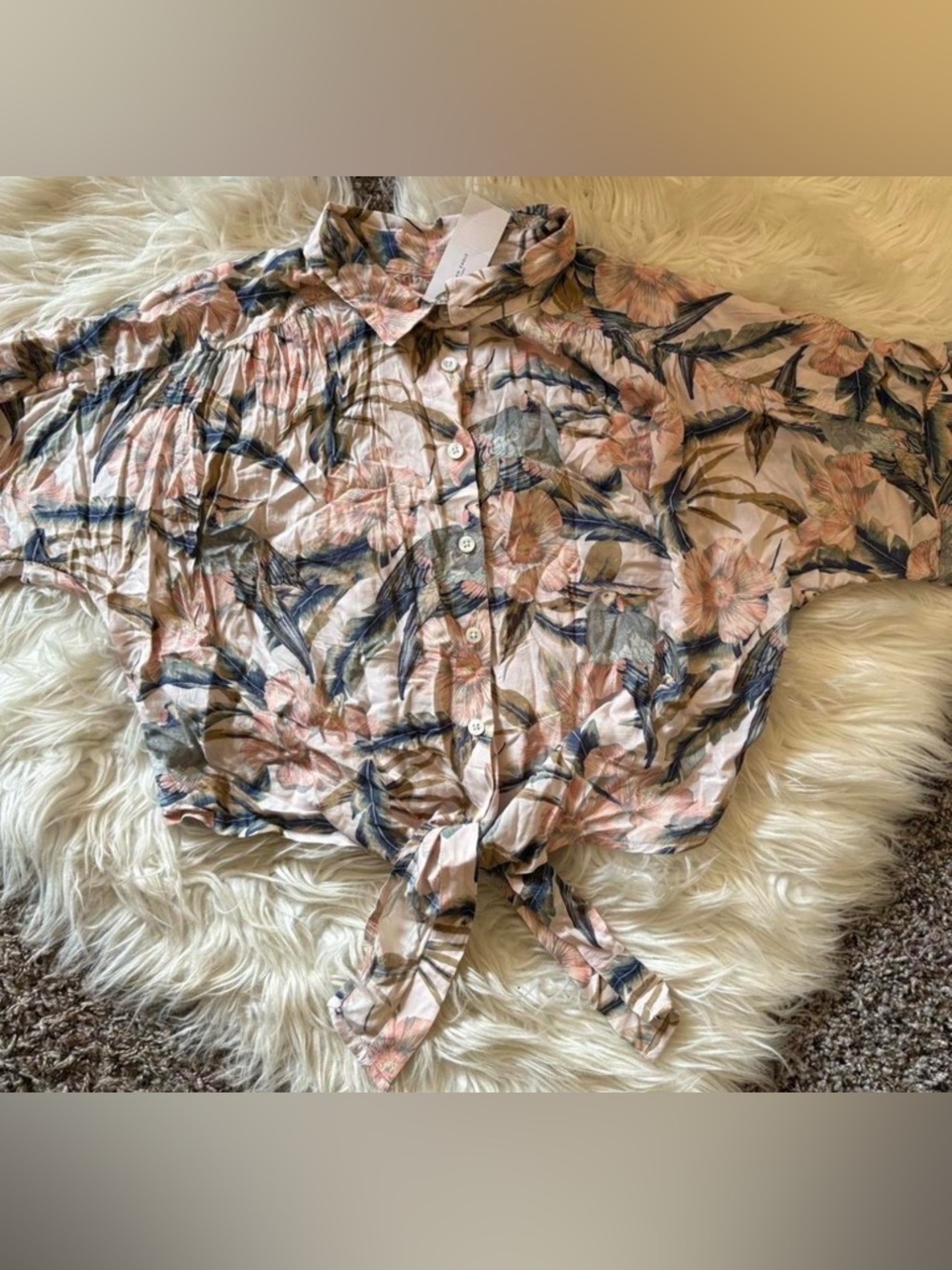 American Eagle Outfitters Peach Floral Button-Up Shirt with Navy Accents